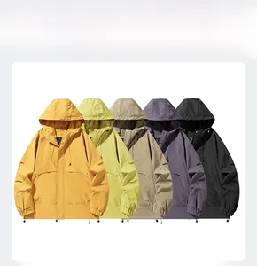 Detail of five multi-colored hooded jackets showing windproof texture and utility design