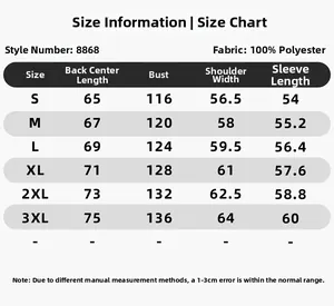 Detaillierte Größentabelle für Herren Freizeitjacke mit Maßen von Größe S bis 3XL
