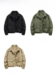 Flat lay detail showing men's cargo down jackets in black, green and khaki color options