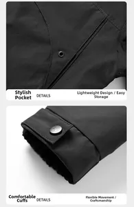 Detail of cargo jacket showing functional pockets with buttons and elastic cuffs with straps