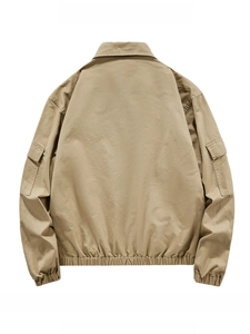 Back view of a khaki work jacket with utility pockets and elastic cuffs on a white background