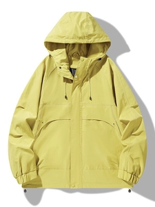 Outdoor leisure hooded windbreaker in yellow featuring multi-pockets and drawstring hood