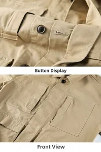 Macro details of brown buttons and front view of khaki canvas work jacket for men