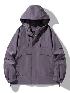 Men's outdoor hooded windbreaker jacket with multiple pockets and functional utility design