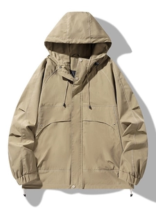 Men's khaki hooded outdoor jacket featuring cargo style and windproof fabric design