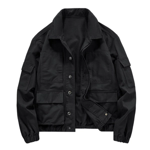 Classic black multi-pocket cargo jacket for men featuring a vintage workwear loose fit