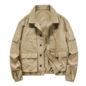 Men's khaki Japanese retro work jacket with multi-pocket design and elastic hem