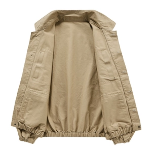Men's khaki workwear jacket with classic collar and large internal utility pockets