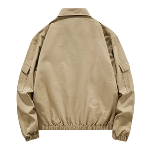 Back view of a khaki vintage cargo jacket for men featuring flap pockets and elastic hem