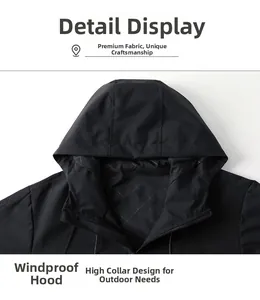 Detail der Outdoor-Jacke mit winddichter Kapuze, hohem Kragen und Rautenstepp-Innenfutter