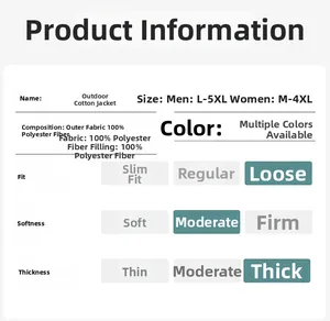 Size chart and fabric specs for thermal outdoor jacket in 100% polyester fabric