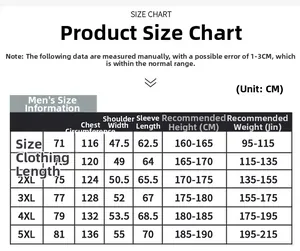 Detailed size chart for outdoor windproof jackets for men featuring L to 5XL measurements