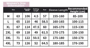 Size chart for outdoor waterproof jacket listing detailed measurements from M to 4XL