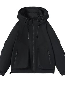 Schwarze Unisex-Windjacke mit Kapuze, wasserdicht, mit Reißverschlusstaschen und Kordelzug