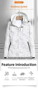 Detail of waterproof windbreaker featuring white and grey leaf print with zipped pockets