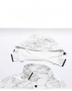 Detail of the detachable hood design on a maple camouflage windbreaker with mesh lining