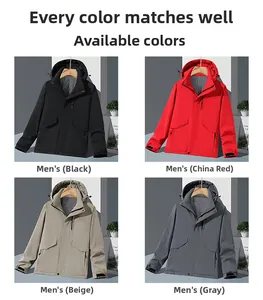 Outdoor hooded jacket for men in black, red, beige and dark grey with adjustable cuffs