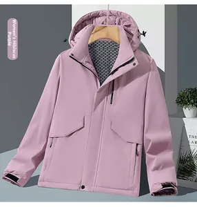 Detail showing hibiscus purple hooded jacket with windproof collar and breathable mesh lining