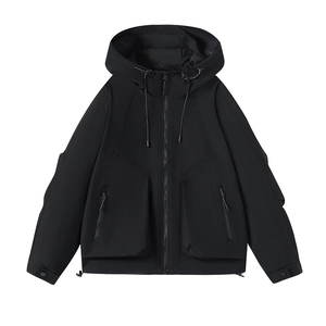 Men's black windproof hooded outdoor jacket with tactical zip pockets and adjustable cuffs