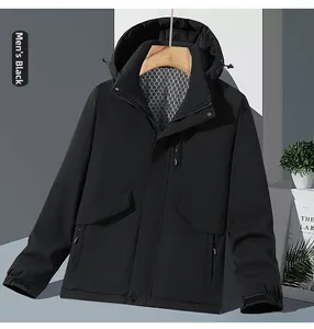 Detail of waterproof black outdoor jacket with breathable honeycomb lining and multiple pockets