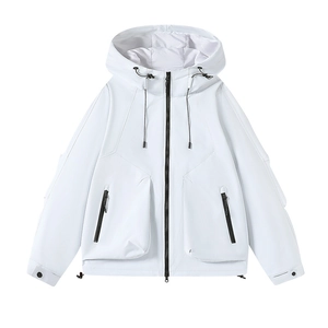 White waterproof outdoor windbreaker with hooded design and front functional pockets