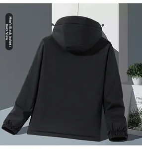 Rear view of men's black waterproof outdoor hooded jacket with elastic cuffs and drawstrings