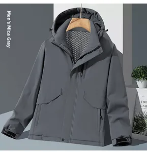 Men's mica grey outdoor windproof hooded jacket with zipper pockets and velcro cuffs