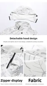 Detail view of the detachable hood and windproof fabric on this camouflage outdoor jacket