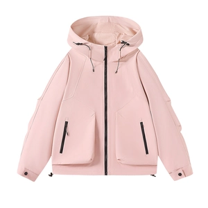 Pink lightweight hooded windbreaker jacket with black zipper and cargo pockets