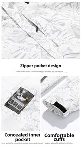Detail of leaf pattern windbreaker with EXPLORE zipper, inner pocket and velcro cuffs