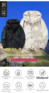Dettaglio di giacche outdoor impermeabili con motivi mimetici e cappuccio regolabile