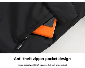 Close-up of waterproof fabric and large capacity anti-theft zipper pocket on outdoor jacket