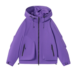 Outdoor waterproof windbreaker jacket in deep purple with adjustable hood and pockets