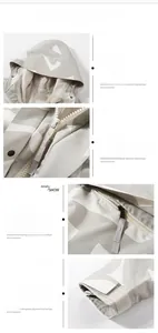 Dettagli della giacca outdoor impermeabile con cappuccio regolabile, cerniere e polsini