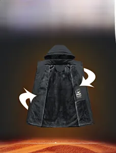 Detail view of the thick gray fleece lining inside a black waterproof outdoor hooded jacket