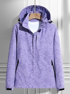 Light purple maple camouflage windbreaker jacket with a drawstring hood and zip pockets