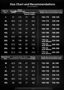 Comprehensive size chart for men and women outdoor jackets ranging from L to 9XL sizes