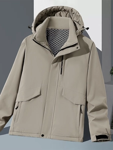 Waterproof outdoor hooded jacket in khaki with multi-pockets and honeycomb lining