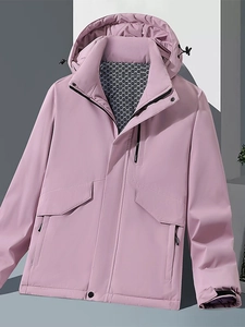 Pink waterproof outdoor hooded windbreaker with fleece lining and adjustable cuffs