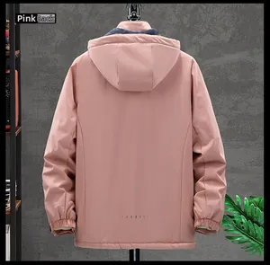 Rear view of pink waterproof hooded jacket with plush collar and elastic cuffs
