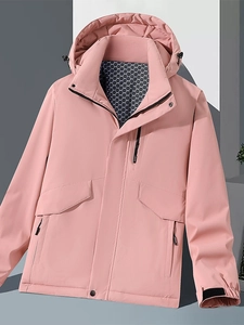 Pale pink waterproof outdoor hooded jacket with windproof collar and honeycomb lining