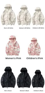 Layout a matrice di giacche a vento mimetiche con cappuccio per uomo, donna e bambino in 3 colori