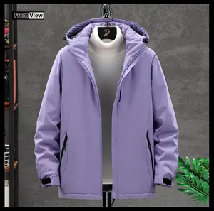 Front view of taro purple windproof hooded jacket for men with zipper and velcro cuffs