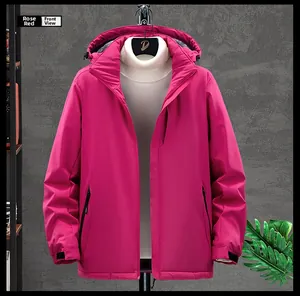 Detail view of the rose red waterproof jacket with hooded zipper and adjustable cuffs