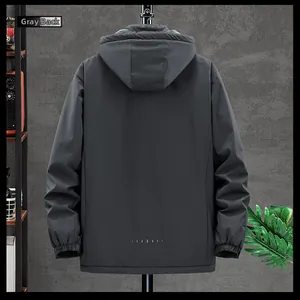 Back view of a grey hooded windbreaker featuring elastic cuffs and reflective dots
