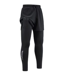 Men's two-in-one running leggings with a side phone pocket and elastic waist drawcord