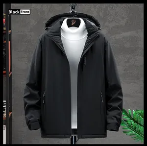 Detail of black waterproof hooded jacket featuring chest pocket and Explore embroidery