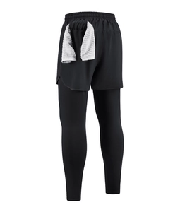 Detail of men's 2-in-1 sports pants showing the functional back waist towel loop feature