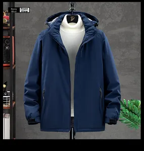 Close-up of navy blue waterproof outdoor jacket with adjustable hood and zipper pockets