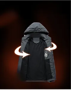 Detail of gray waterproof jacket with thermal mesh lining and non-detachable hood